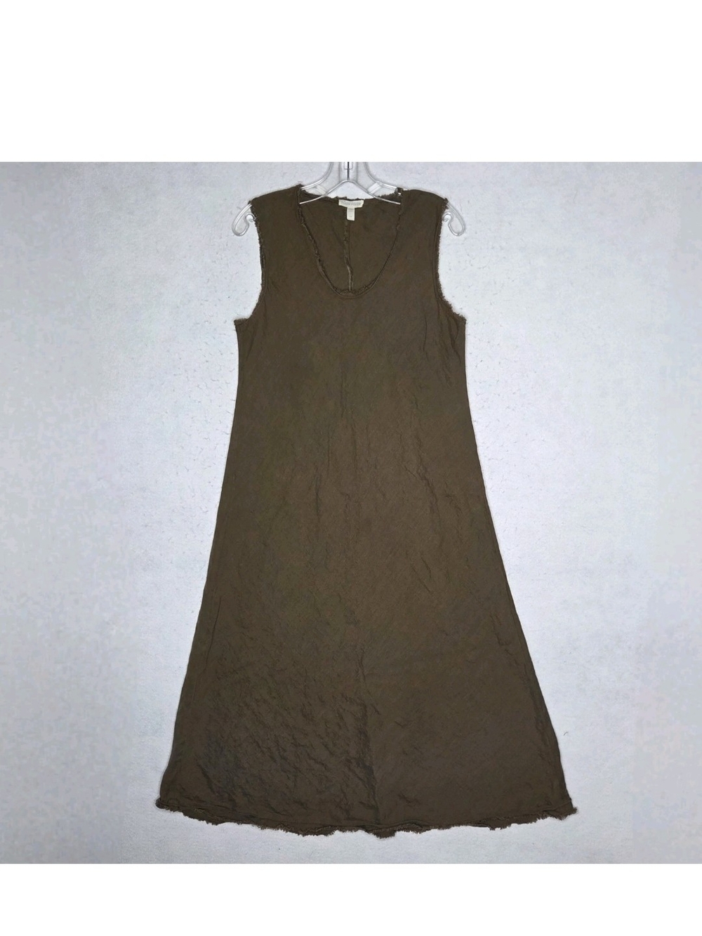 Eileen Fisher Organic Linen Dress S Raw Fray Edge Boho Minimal Brown Lagenlook